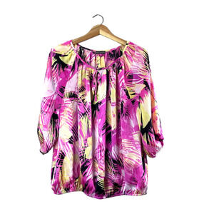 Women's Pink and Yellow Tropical Vince Camuto Blouse XL
